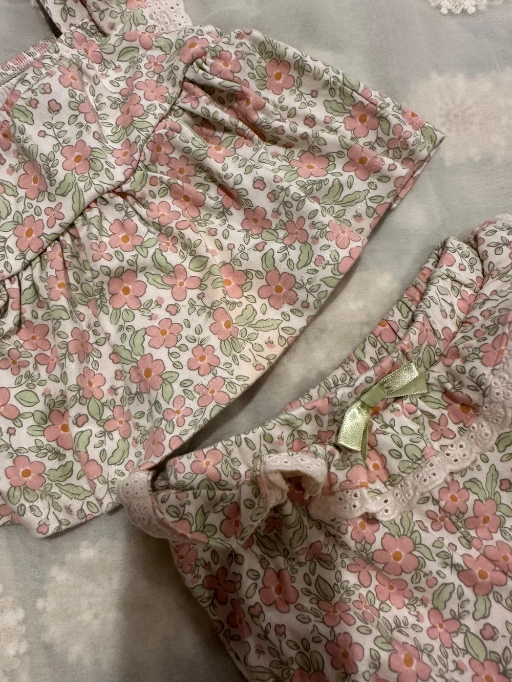 Nicole Miller Pink and Cream Floral Smocked Diaper Cover Set